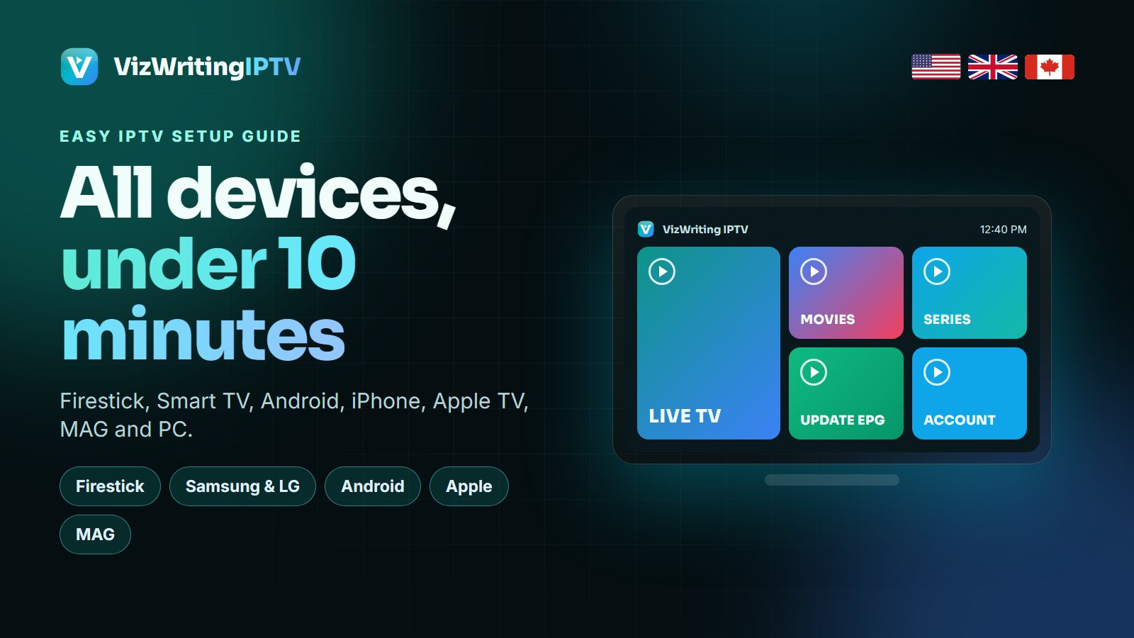 Easy IPTV setup guide (all devices) for VizWriting IPTV: Firestick, Smart TV, Android, iPhone, Apple TV and MAG in the USA, UK and Canada