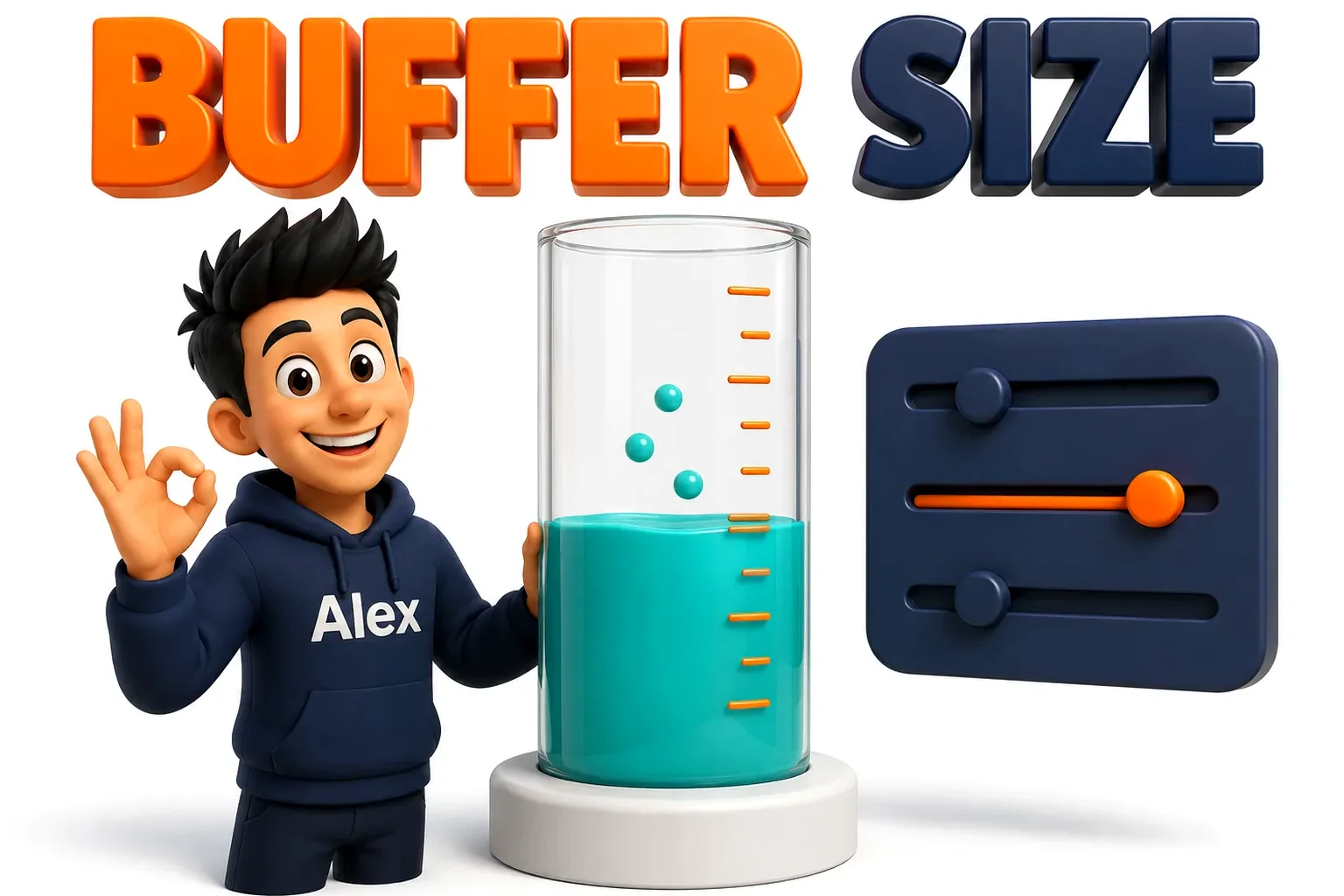 3D cartoon of a buffer size setting shown as a filling glass