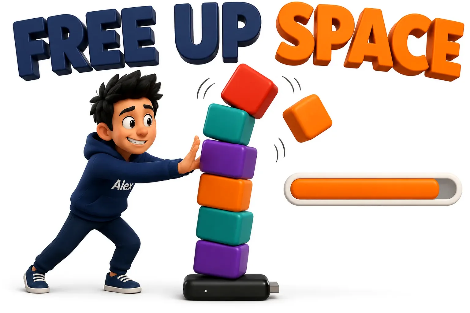 3D cartoon of a streaming stick weighed down by stacked storage blocks