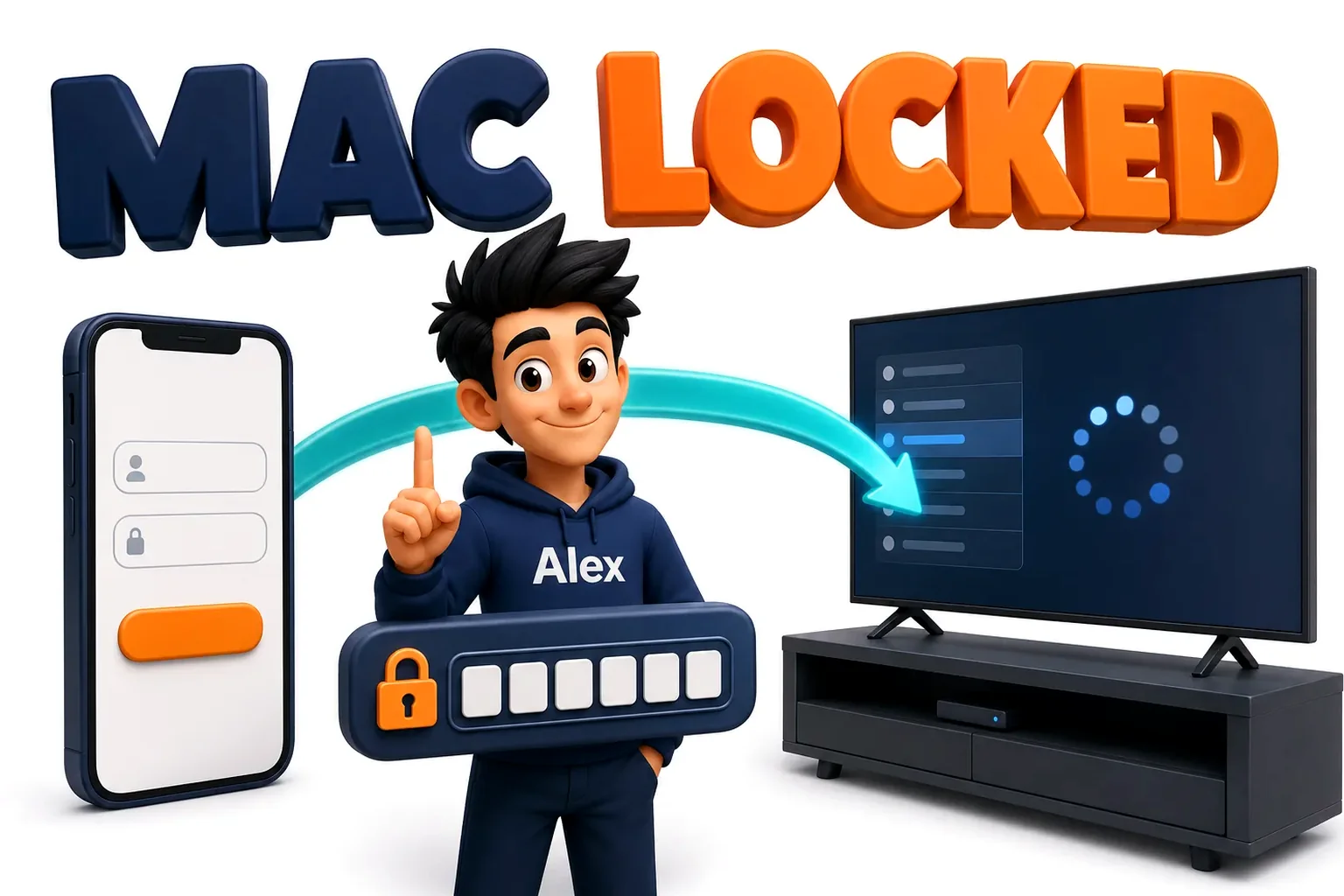 3D cartoon of a phone uploading a playlist to a TV locked to a MAC address