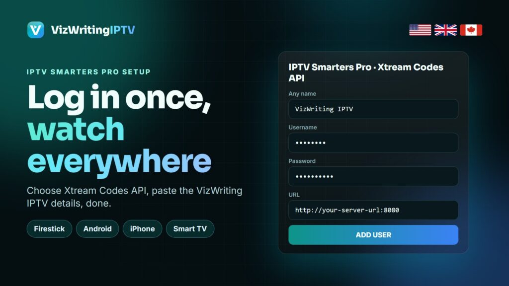 IPTV Smarters Pro setup with VizWriting IPTV Xtream Codes login on Firestick, Android, iPhone and Smart TV
