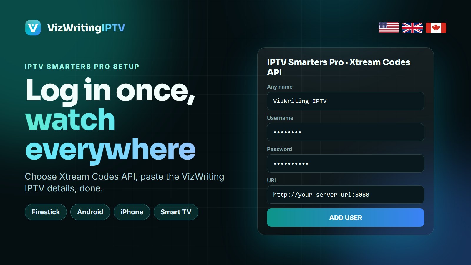 IPTV Smarters Pro setup with VizWriting IPTV