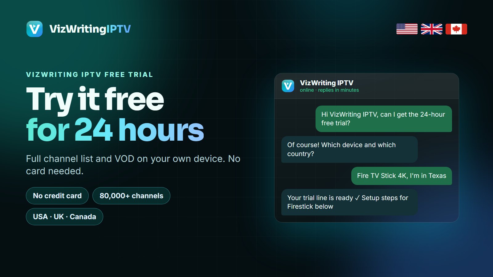 VizWriting IPTV free trial: 24 hours, no card, USA, UK and Canada