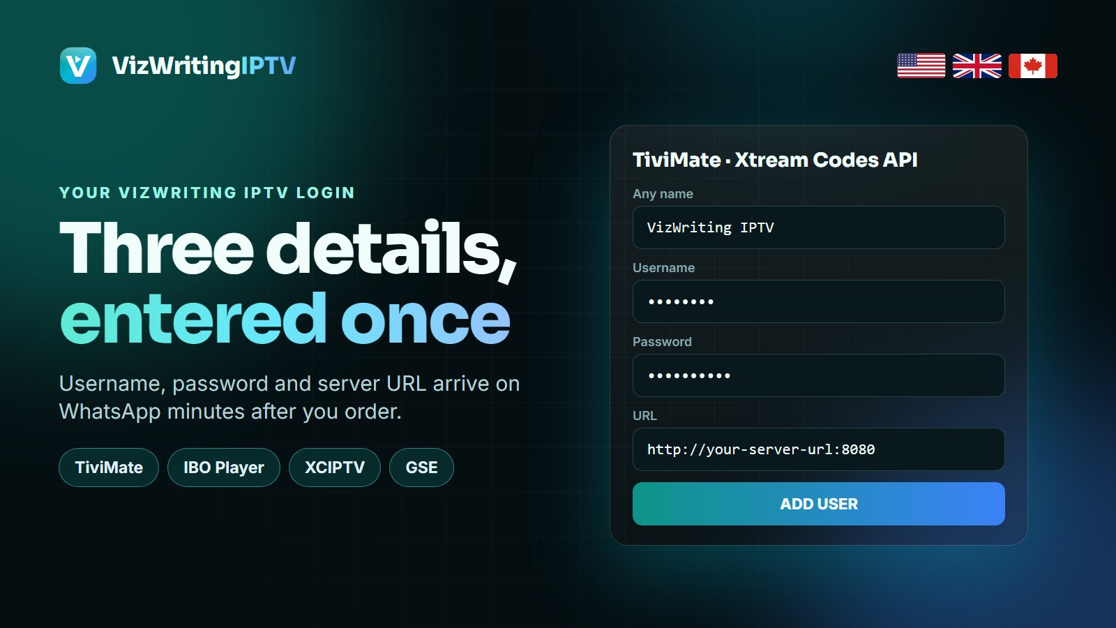 VizWriting IPTV Xtream Codes login: username, password and server URL